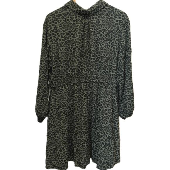 Green & Black Leopard Print Mini Dress Sz L Drawstring Rayon Casual Boho Animal - Picture 4 of 7